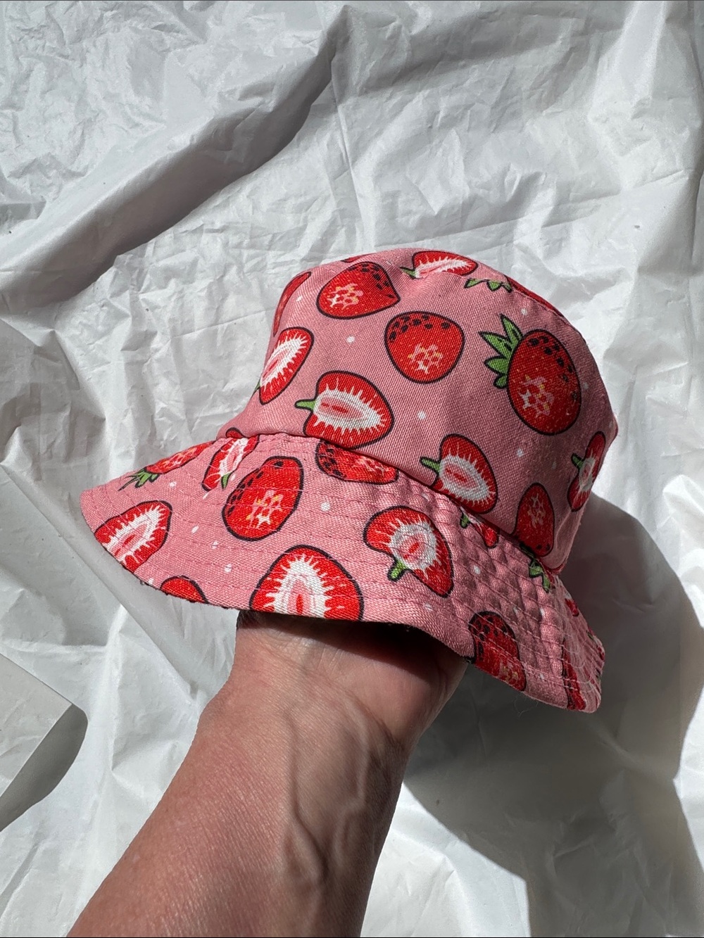 Pink Strawberry Print Bucket Hat